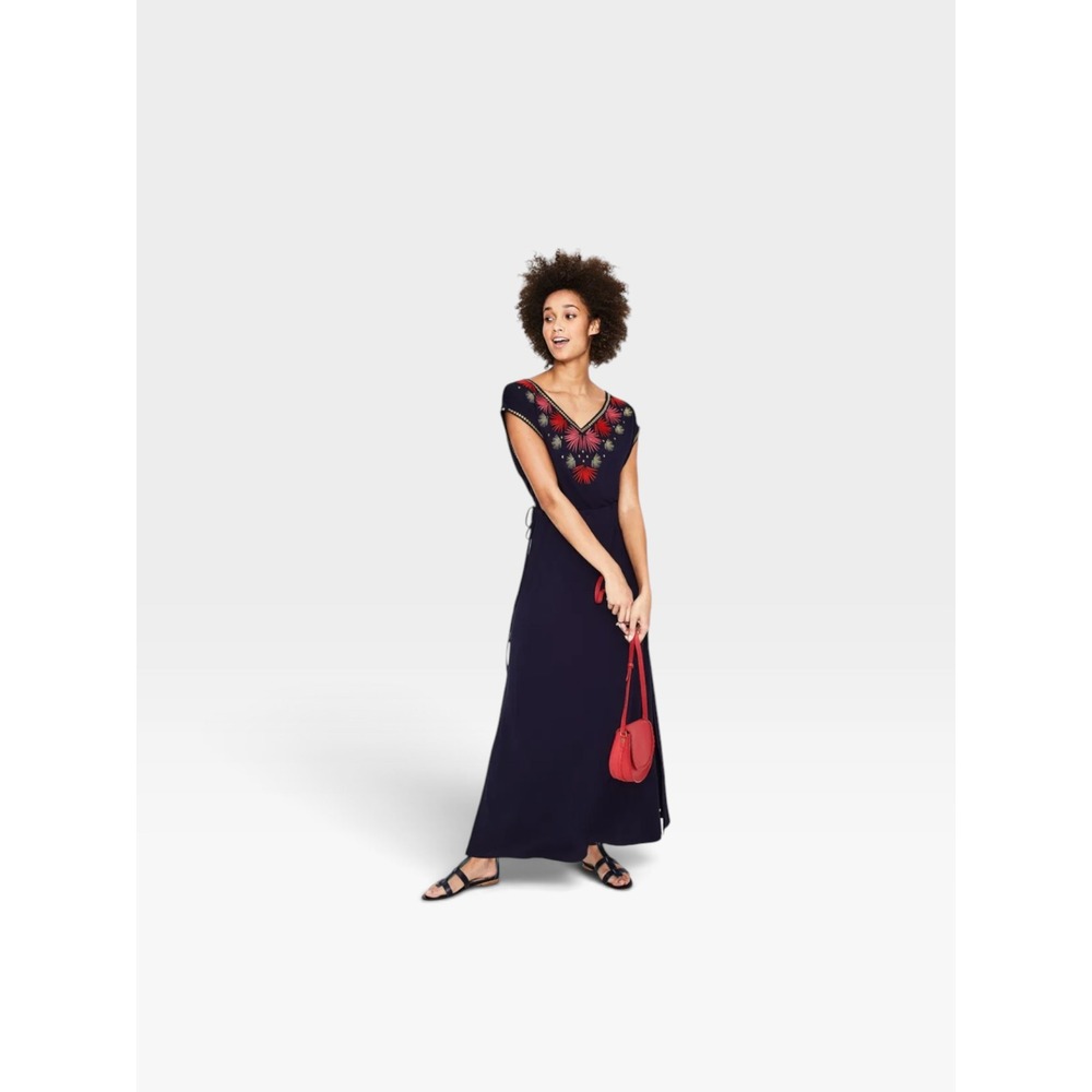 Boden Marcia Jersey Knit Maxi Dress Embroidered Navy Pink Boho Resort Luxury 16R